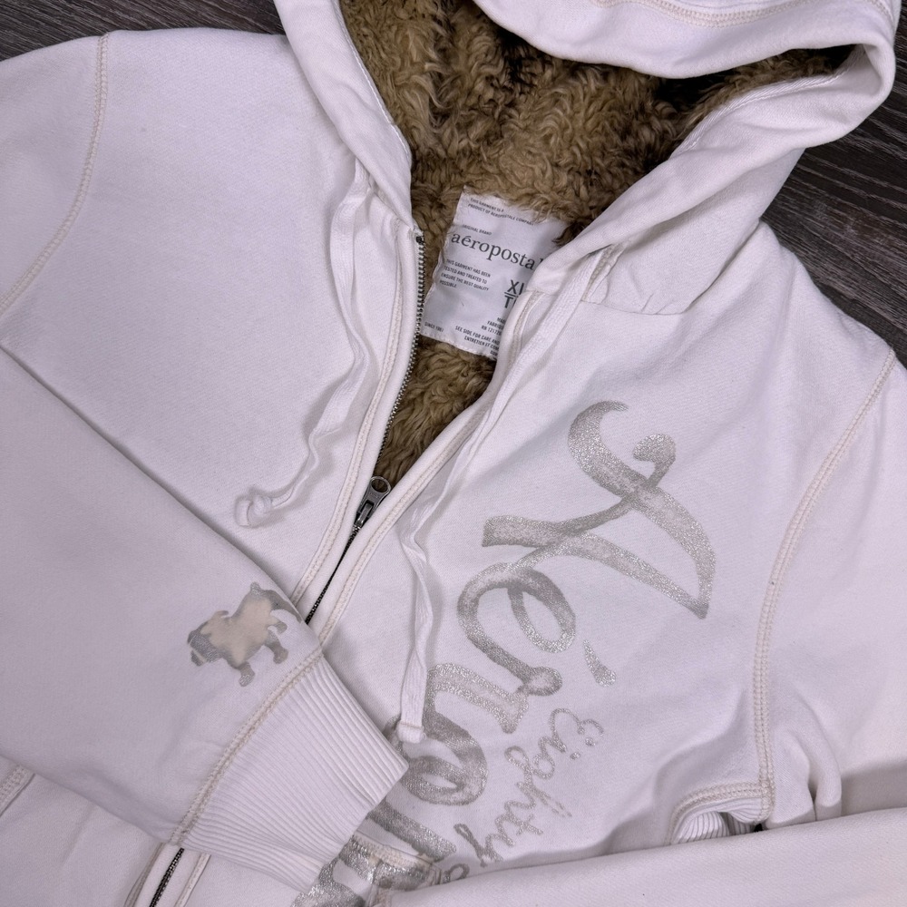 Y2K Aeropostale Full Zip Hoodie Women XL White Faux Fur Lined Glitter Logo